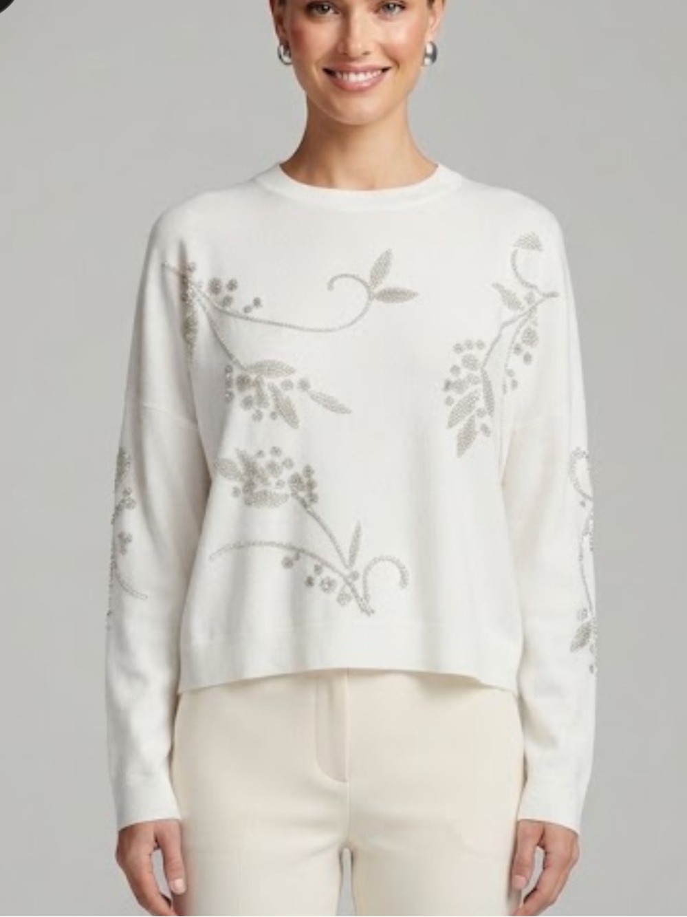 NWT Milano White Crewneck Sweater with Crystal Floral Embellishments